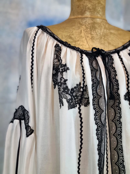 White Silk Romanian Blouse With Black Lace Details