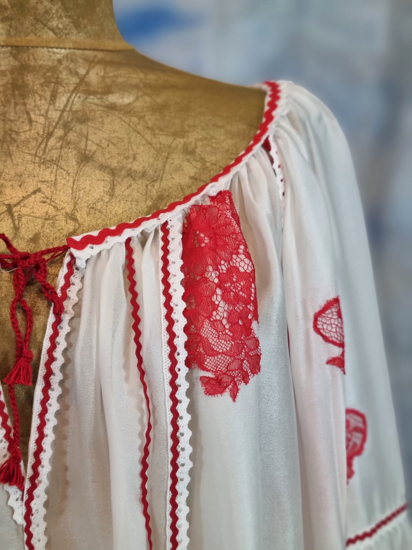 White Silk Romanian Blouse With Red Lace Details