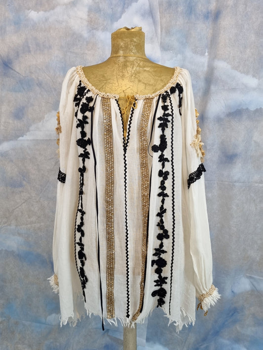Ivory Linen Romanian Blouse With Black And Gold Details