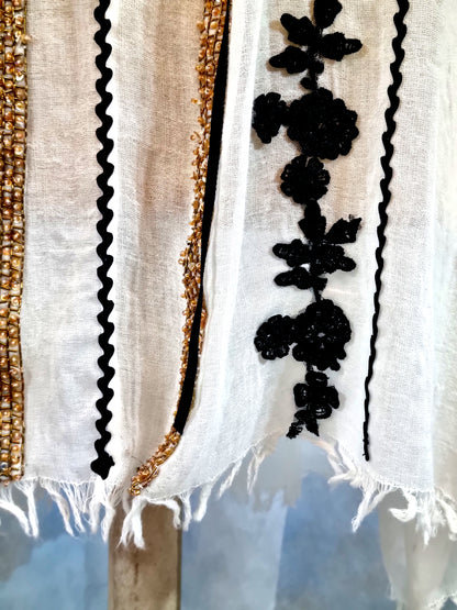 Ivory Linen Romanian Blouse With Black And Gold Details
