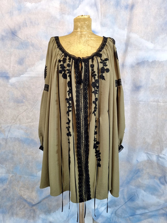 Olive Green Blouse With Black Lace Embroidery
