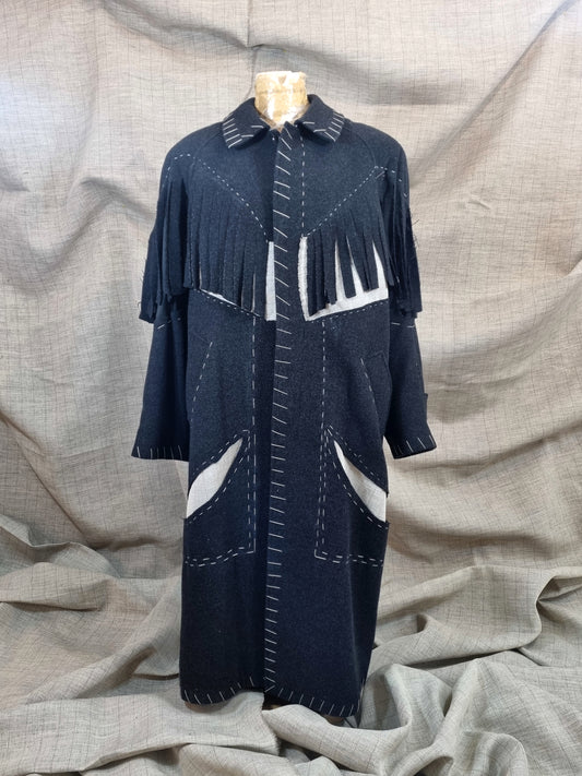 Long Coat With Fringe And Handmade Decorative Stitches