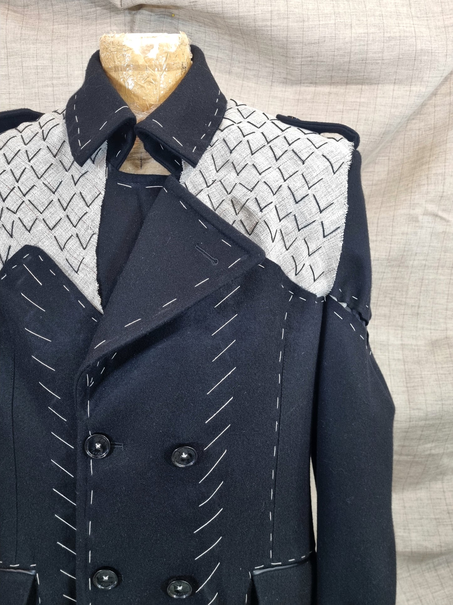 Mid-Length Coat With Handmade Decorative Stitching