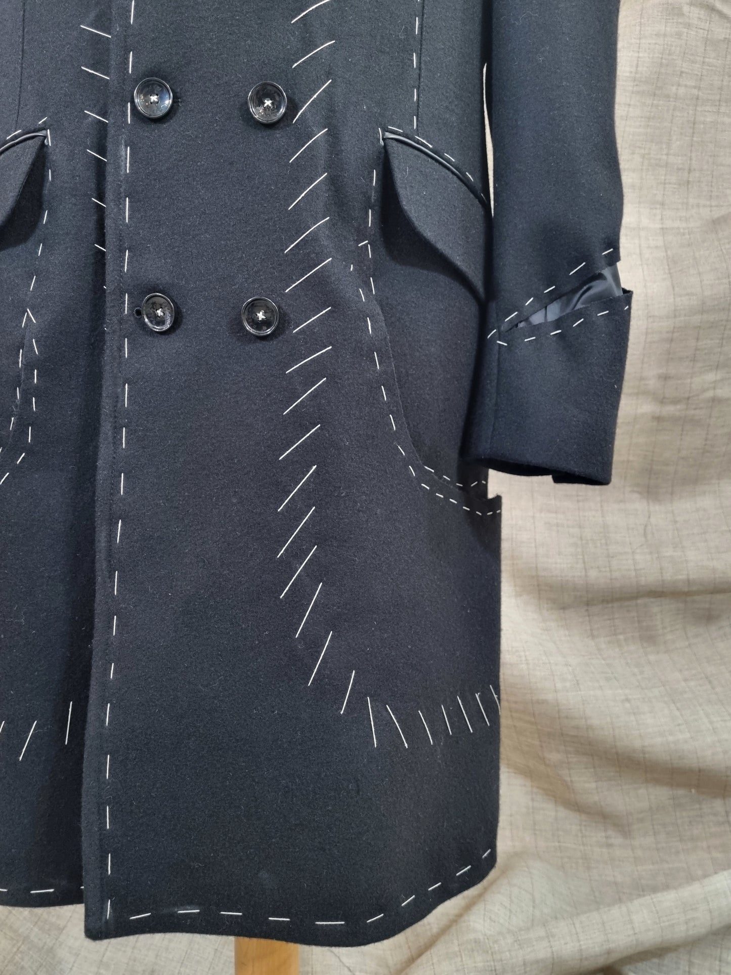 Mid-Length Coat With Handmade Decorative Stitching