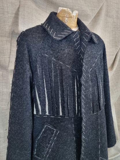 Long Coat With Fringe And Handmade Decorative Stitches