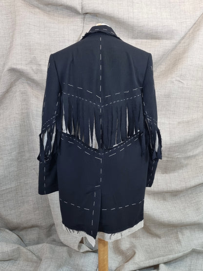 Black Jacket With Fringe And Handmade Decorative Stitching