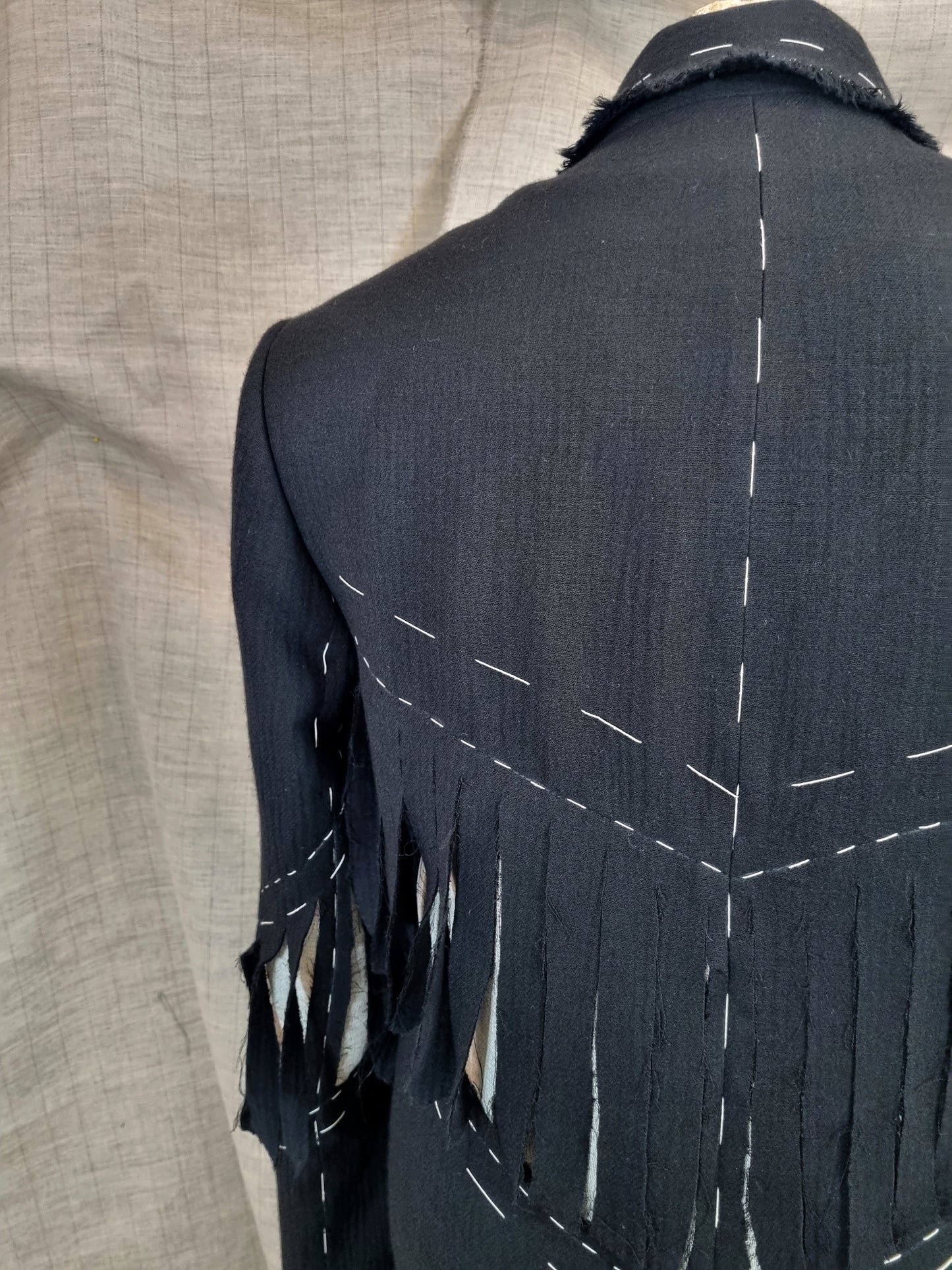 Black Jacket With Fringe And Handmade Decorative Stitching