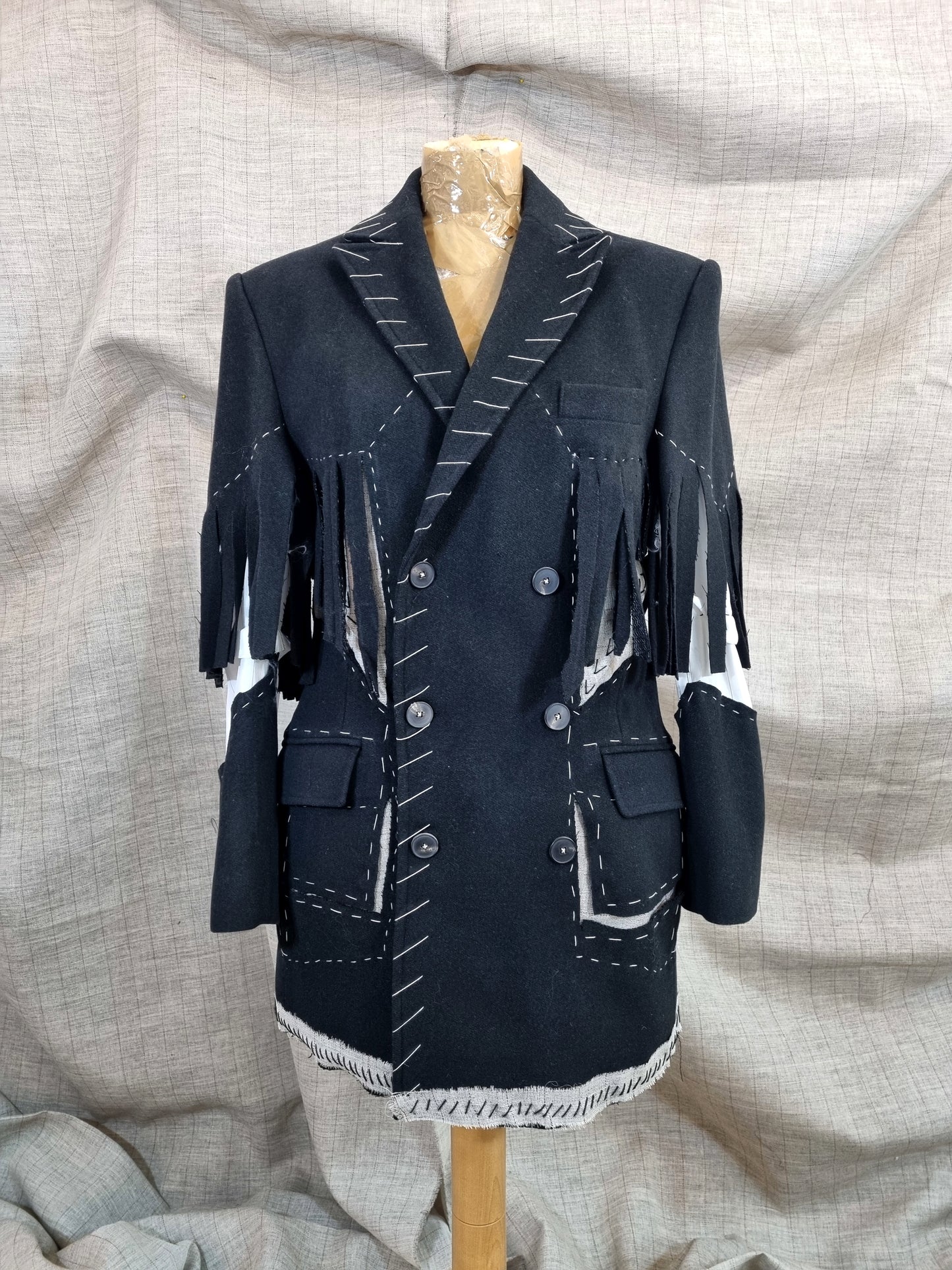 Double-Breasted Cut-Out Jacket With Handmade Decorative Stitching