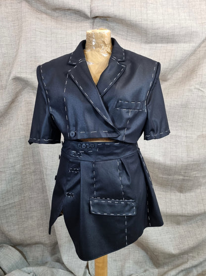 Cropped Jacket And Skirt With Handmade Decorative Stitching