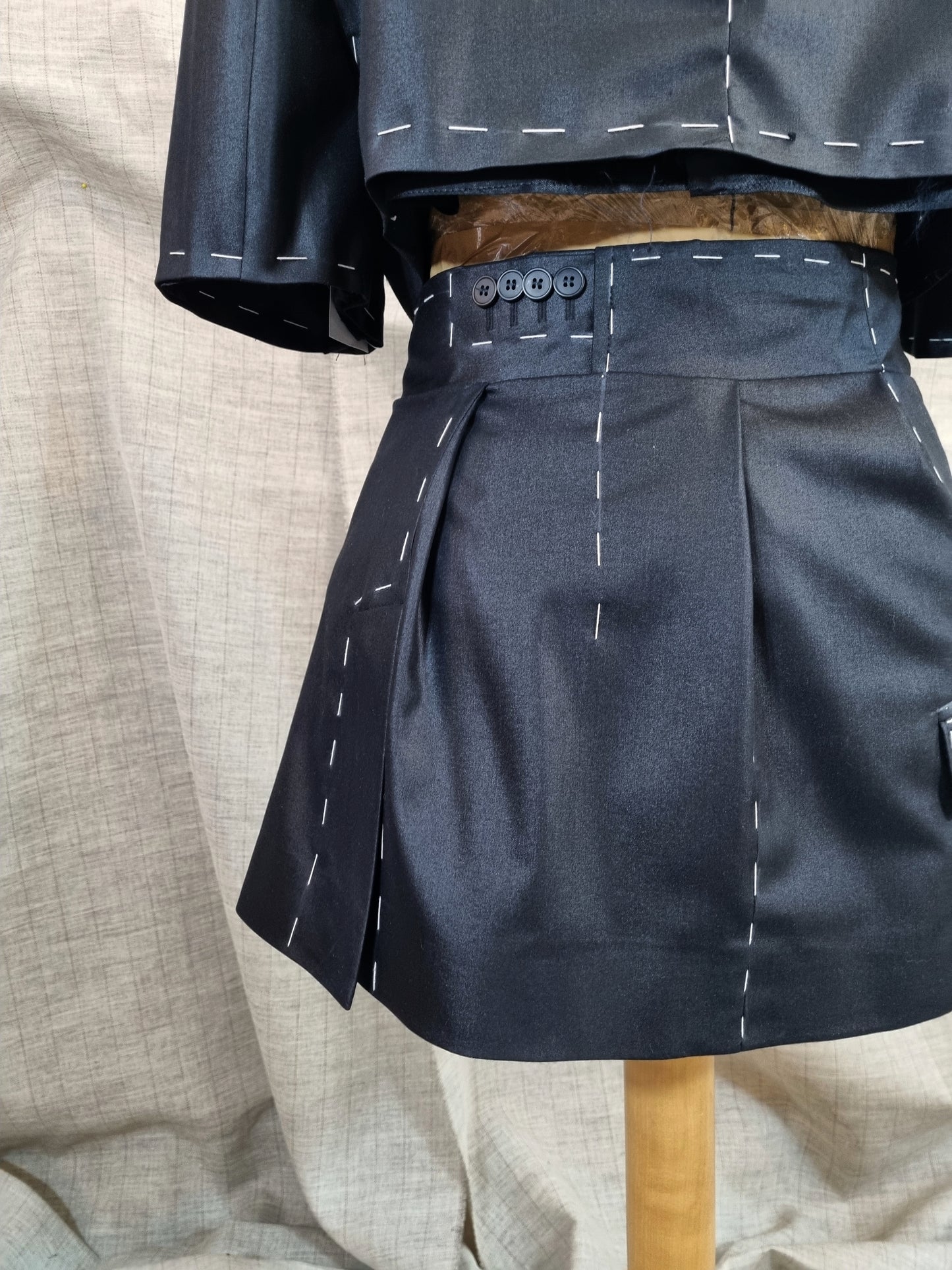 Cropped Jacket And Skirt With Handmade Decorative Stitching