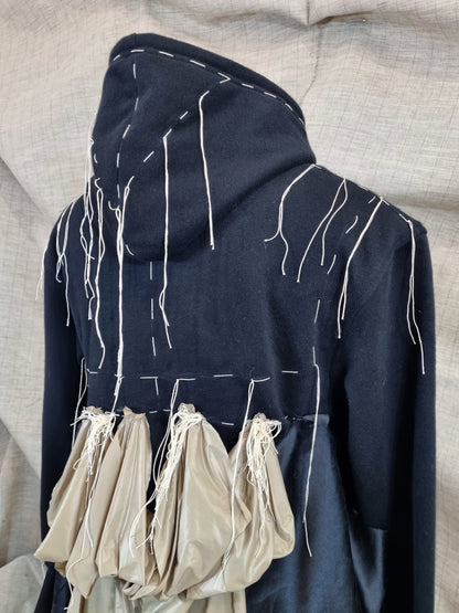 Black Hoodie With Threads And Fabric Inserts