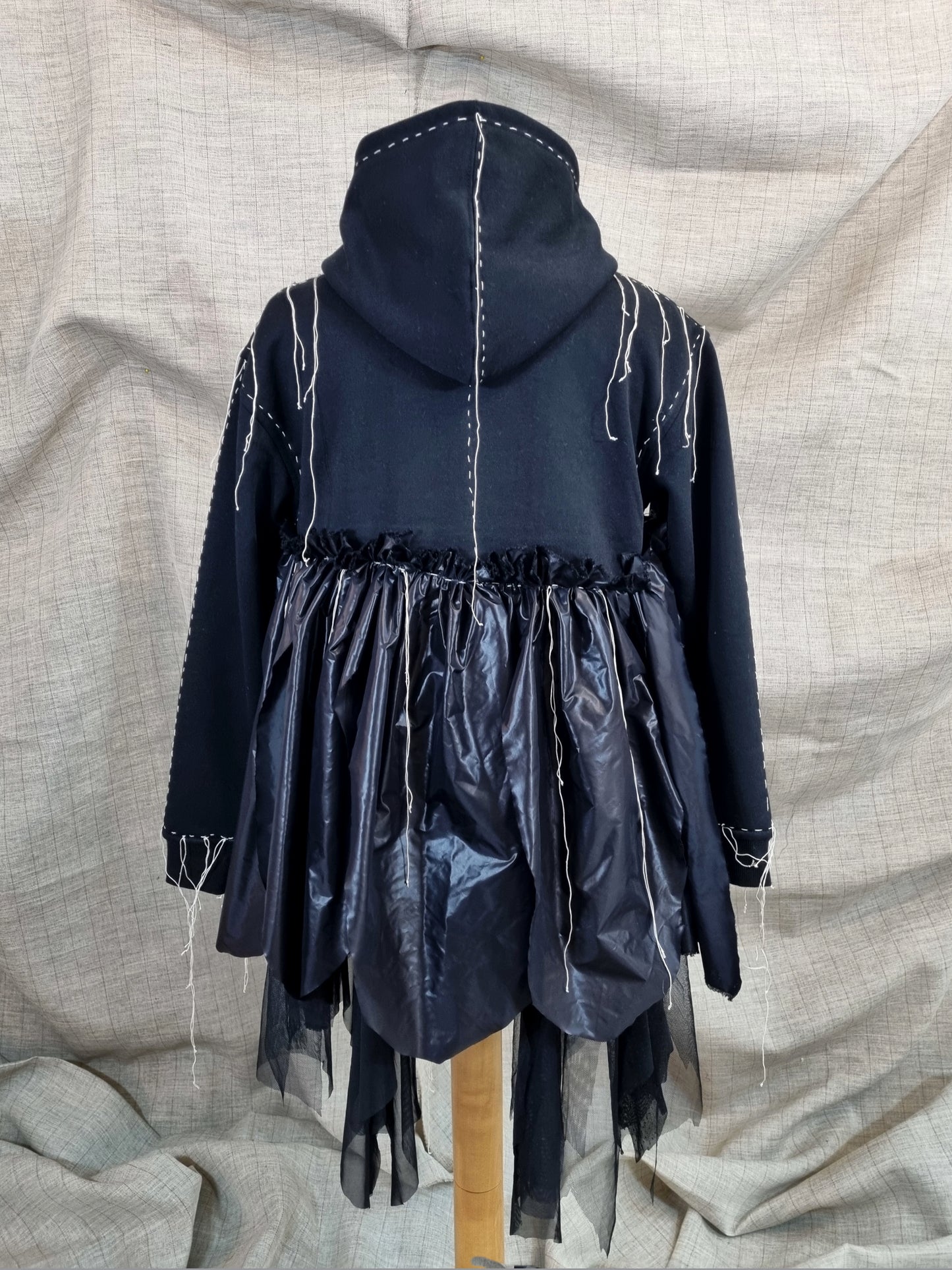 Black Zip-Up Hoodie With Threads And Fabric Inserts