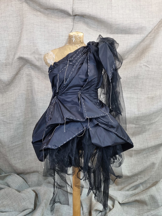 Black Draped Dress With Handmade Decorative Threads