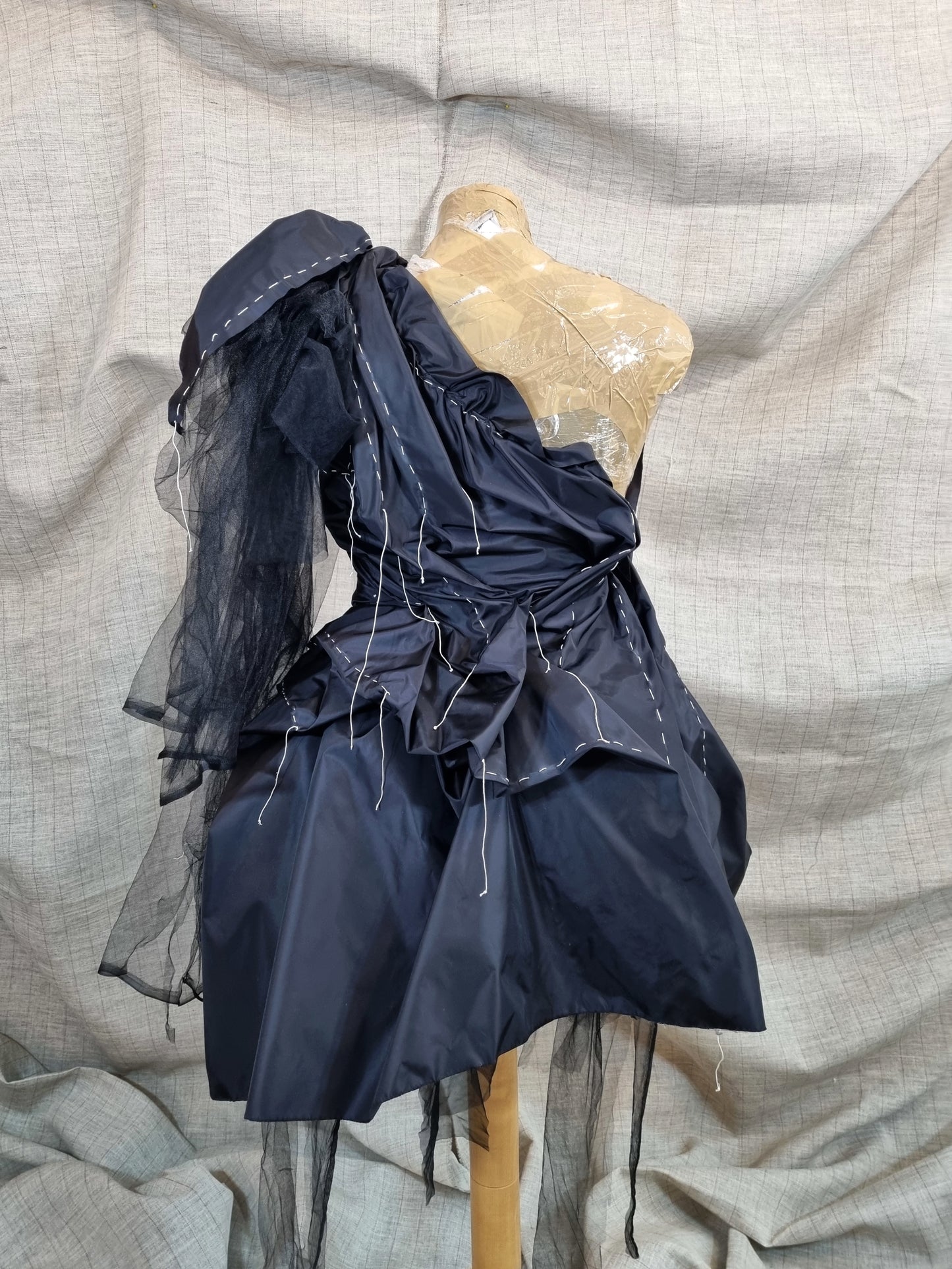 Black Draped Dress With Handmade Decorative Threads