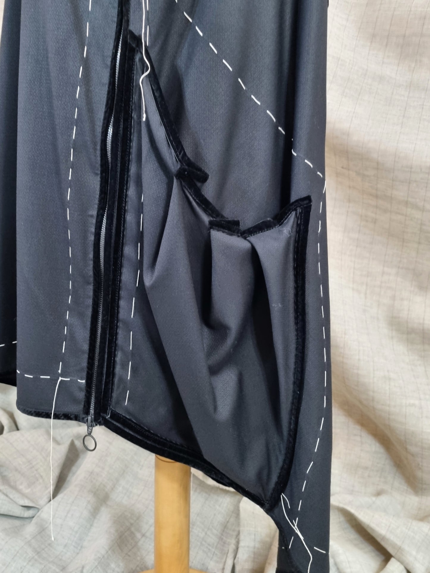 Black Asymmetrical Vest With Handmade Decorative Stitching