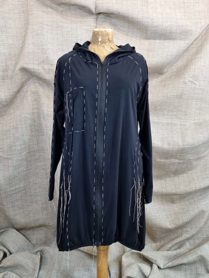 Black Jersey Hooded Blouse With Handmade Decorative Stitching