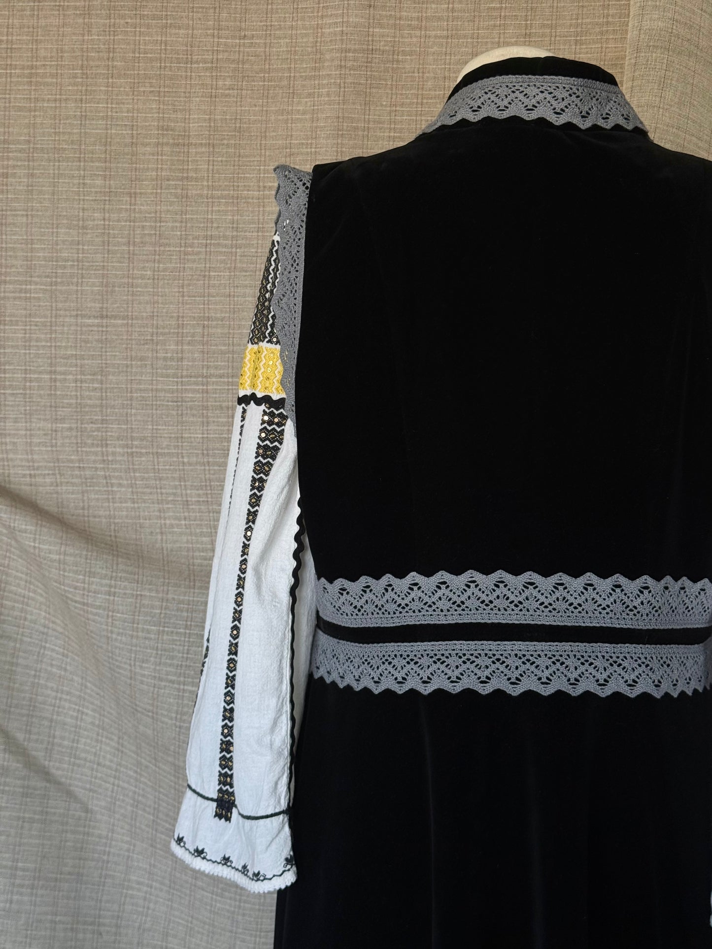 Long Velvet Vest with Grey Lace Trim