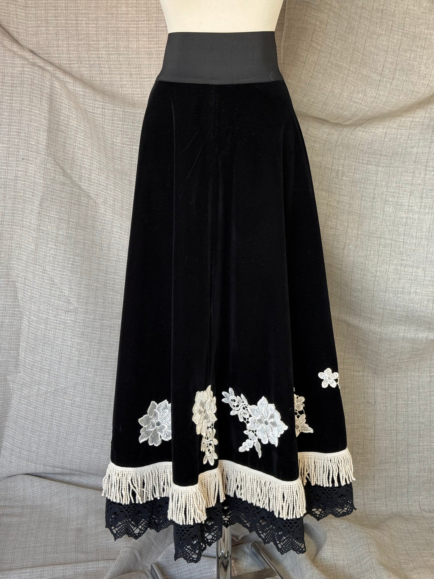 Black Velvet Skirt with Embroidery and Fringe