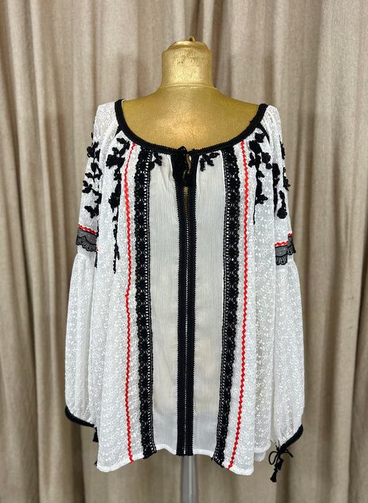 White Romanian Blouse with Red & Black Details