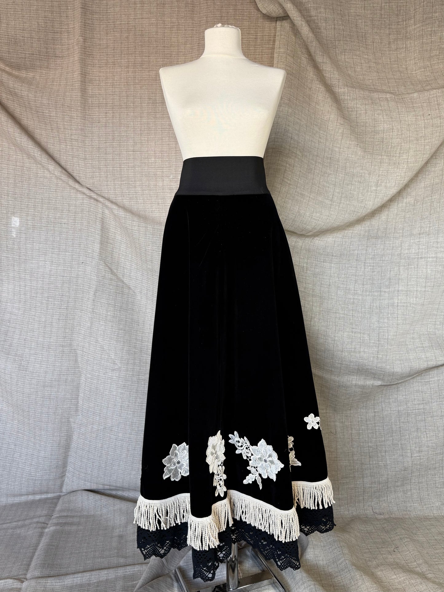 Black Velvet Skirt with Embroidery and Fringe