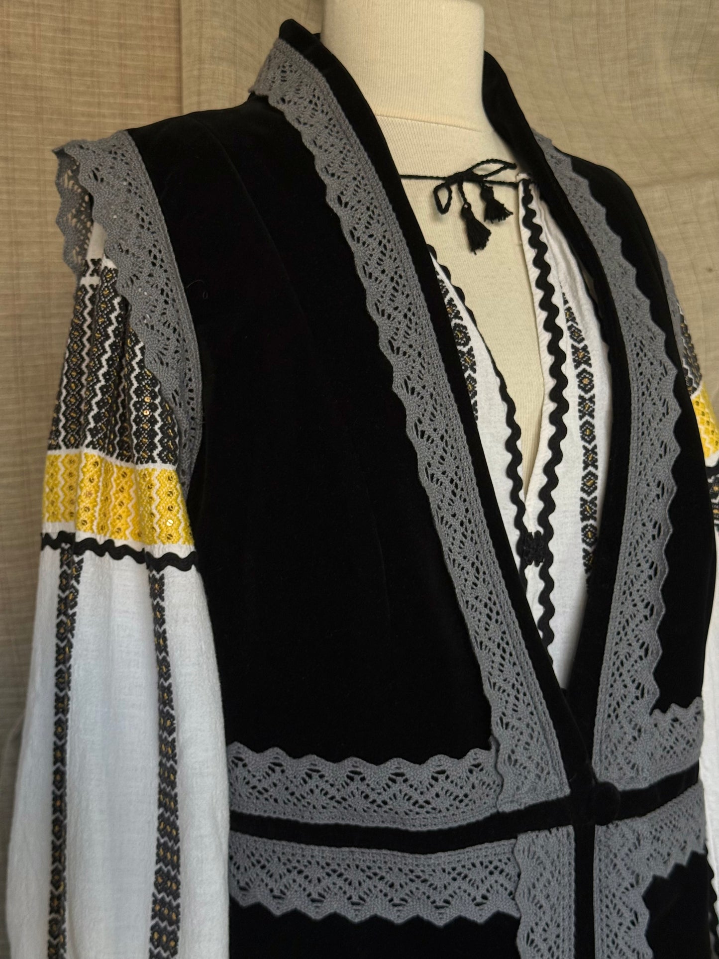 Long Velvet Vest with Grey Lace Trim