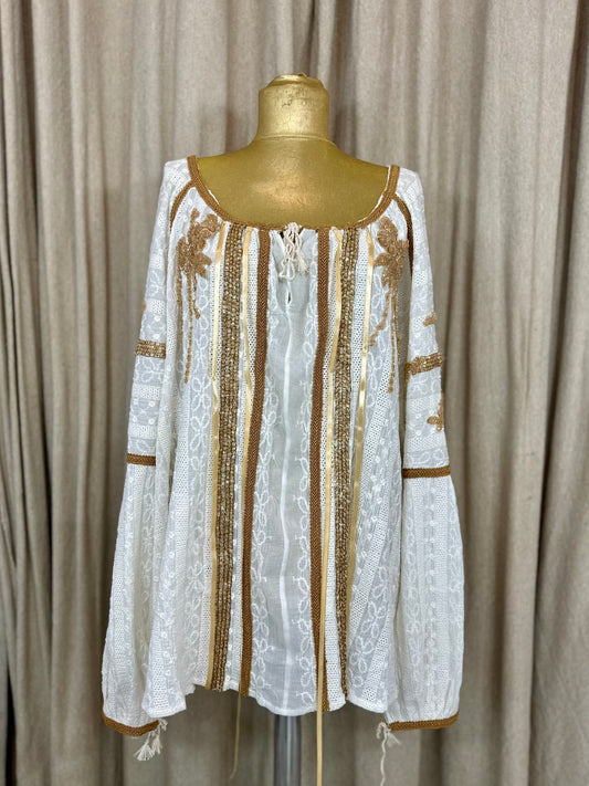 White Romanian Blouse with Bronze Details