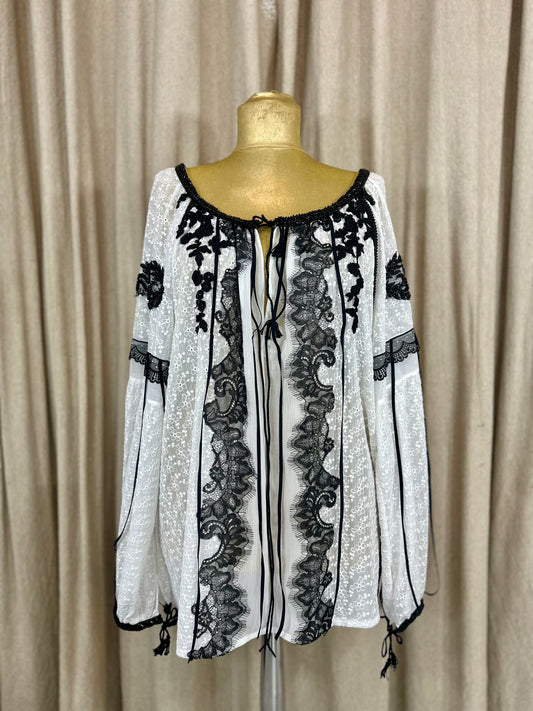 White Romanian Blouse with Black Embroidery