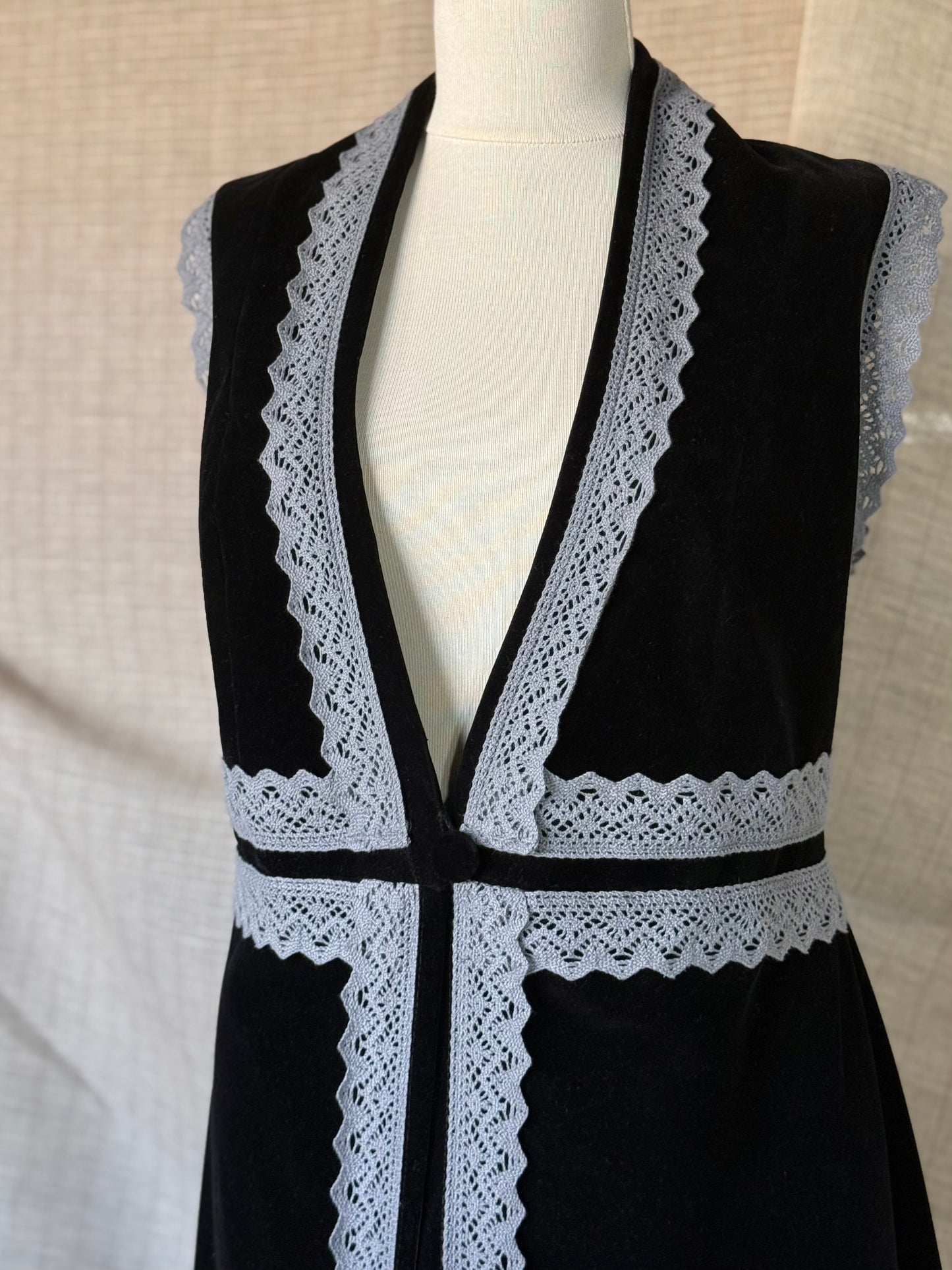 Long Velvet Vest with Grey Lace Trim