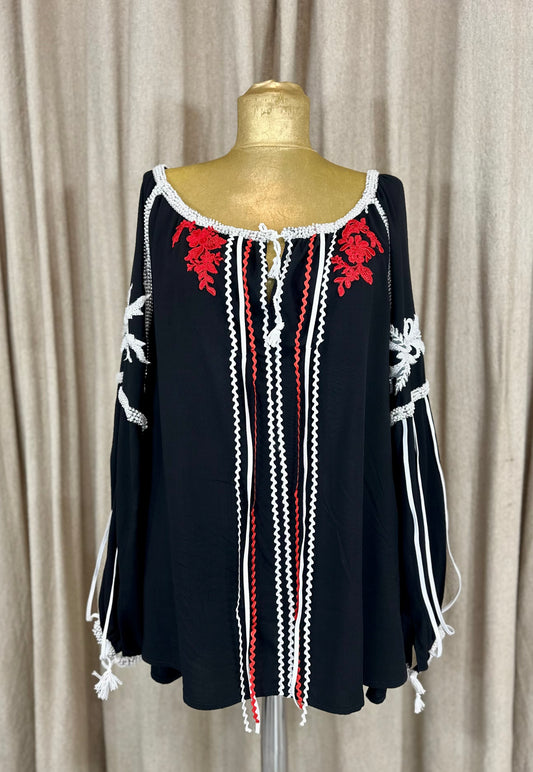 Black Romanian Blouse with Red & White Details