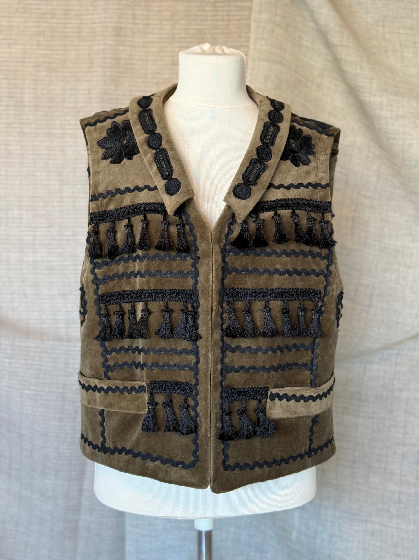 Khaki Velvet Vest with Black Details