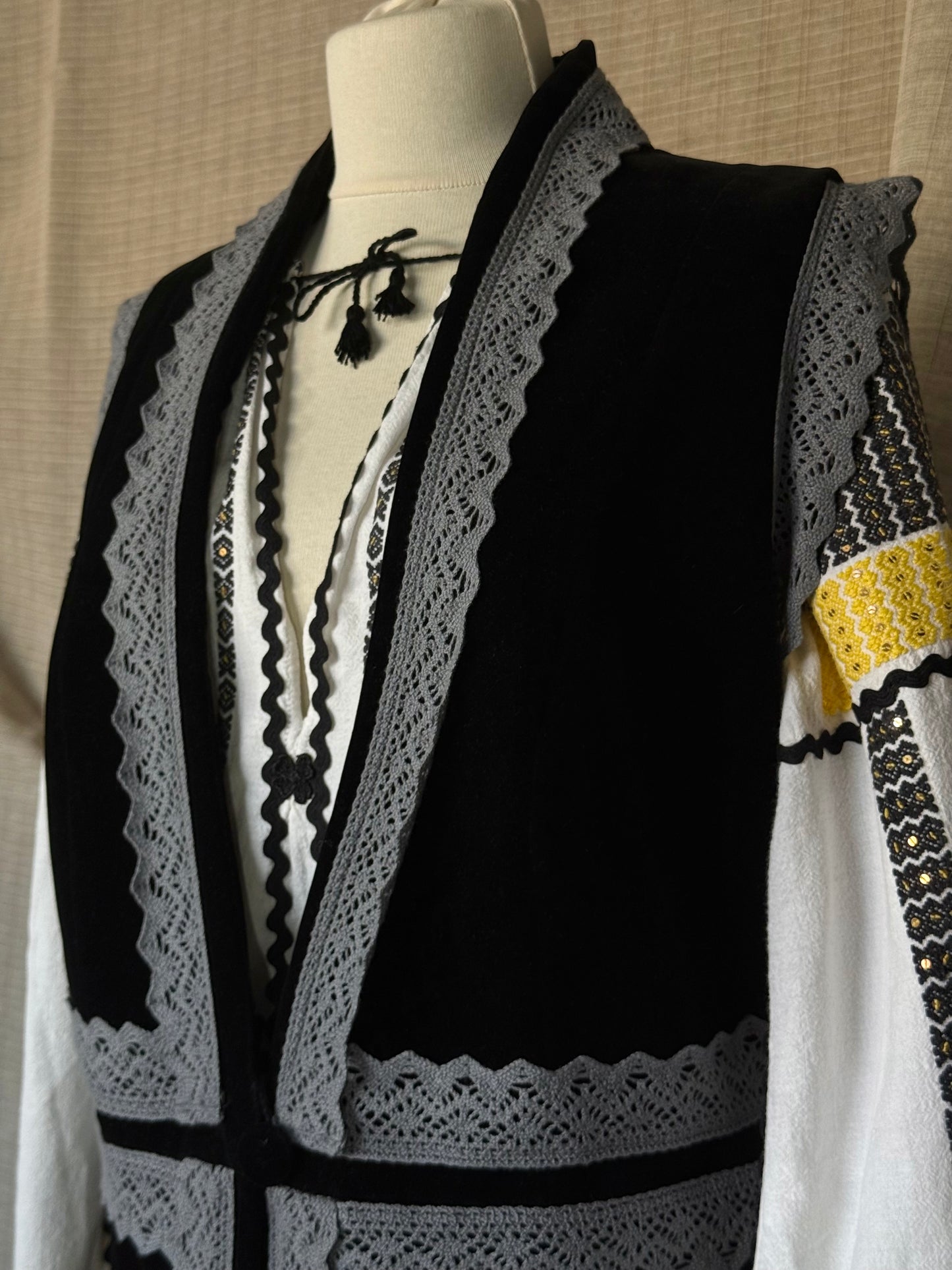 Long Velvet Vest with Grey Lace Trim