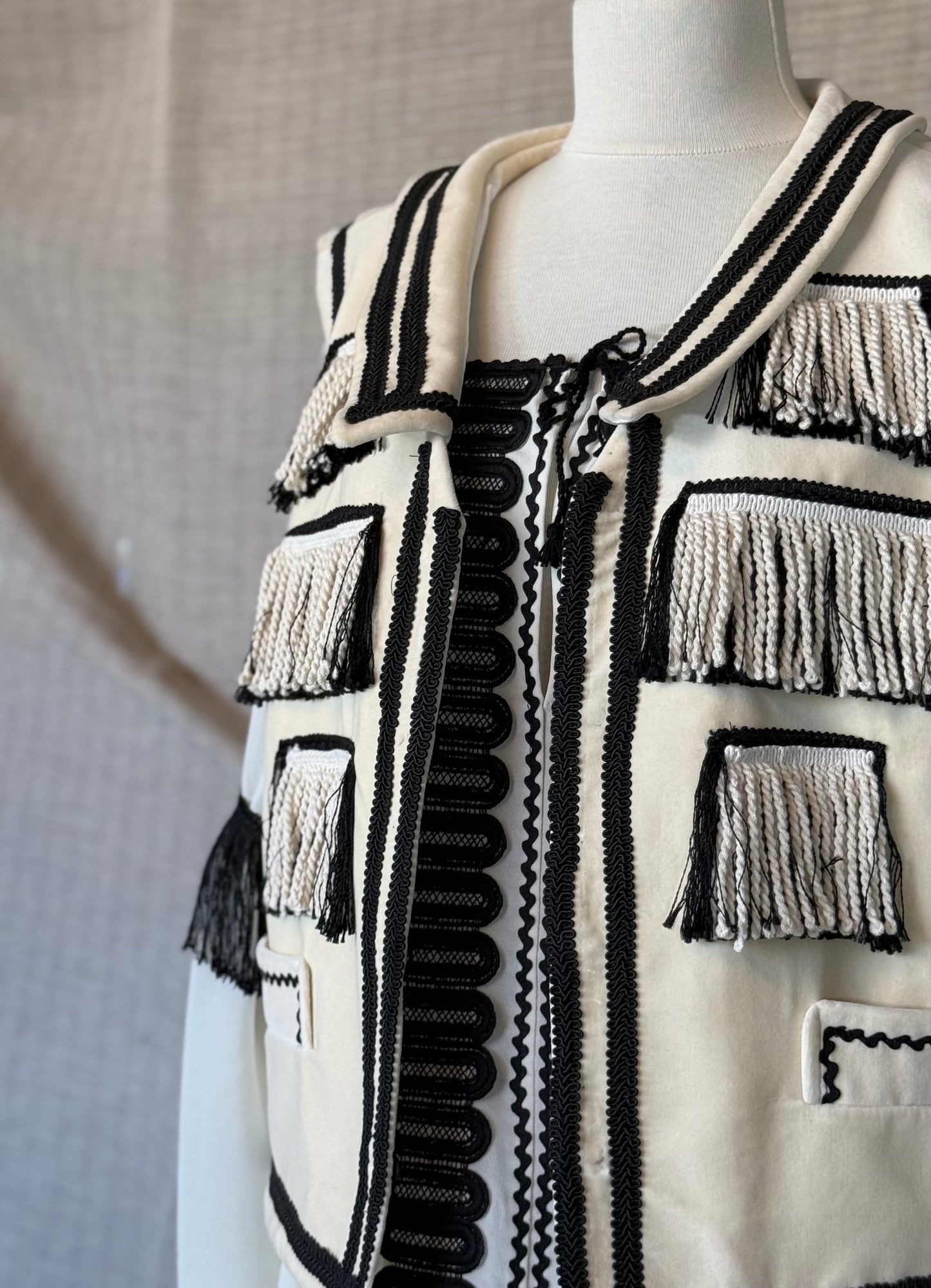 Ivory Velvet Vest with Embroidery and Fringe