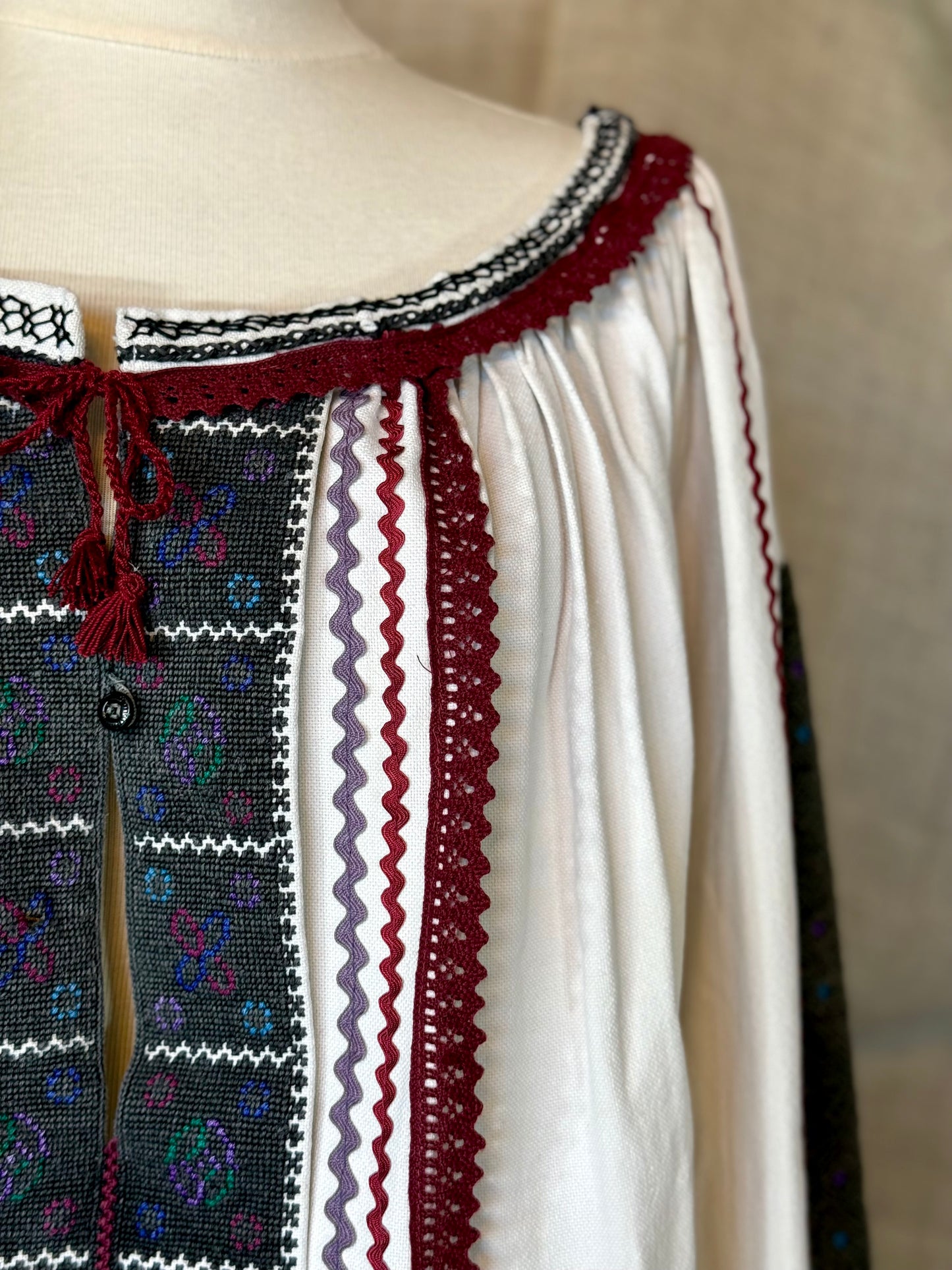 Romanian-Folklore Inspired Midi-Dress with Burgundy Embroidery