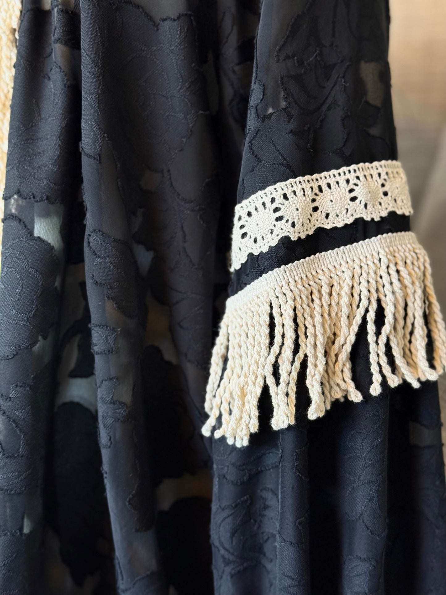 Black Floral Romanian Blouse With Ivory Fringe