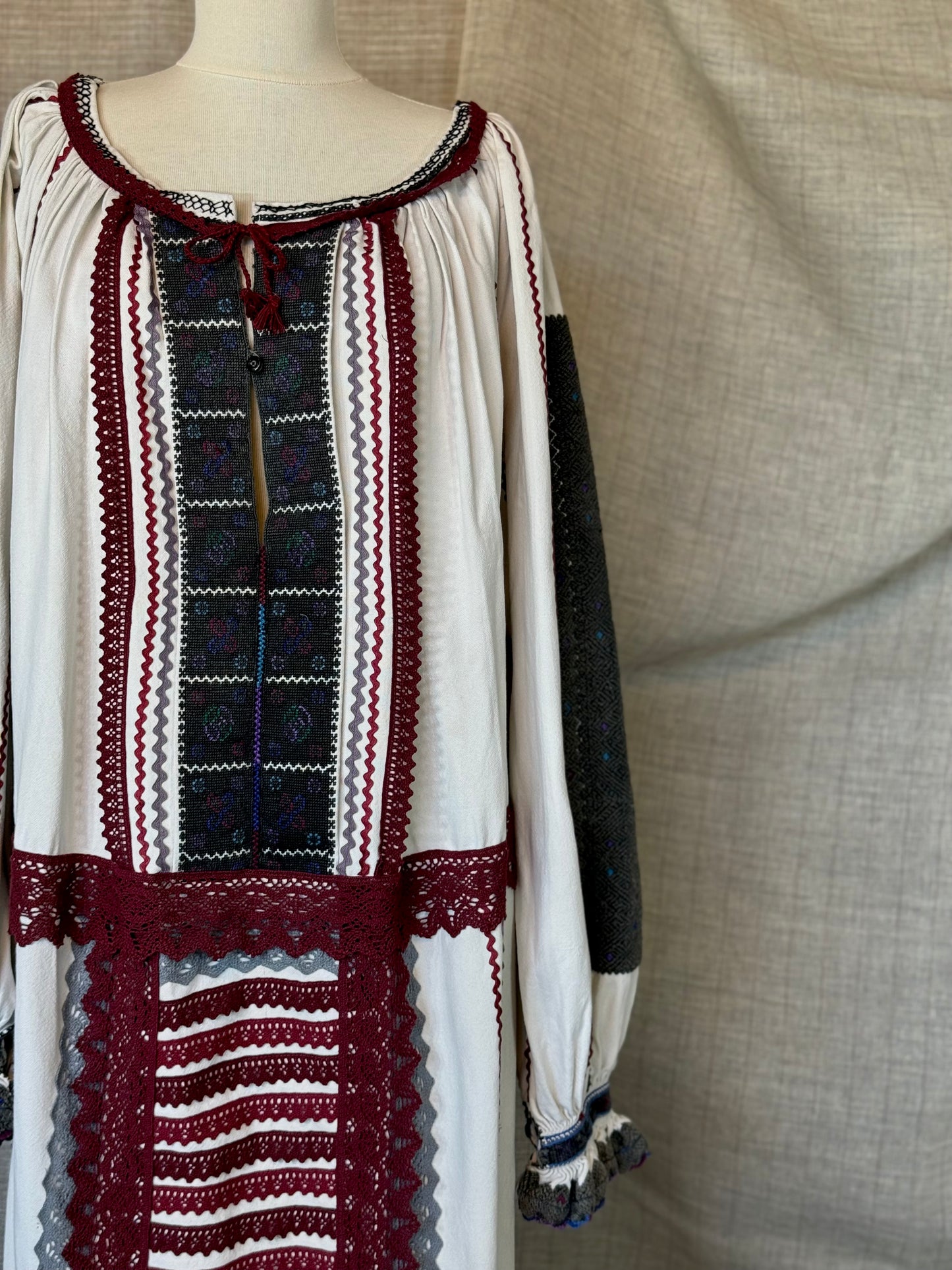 Romanian-Folklore Inspired Midi-Dress with Burgundy Embroidery