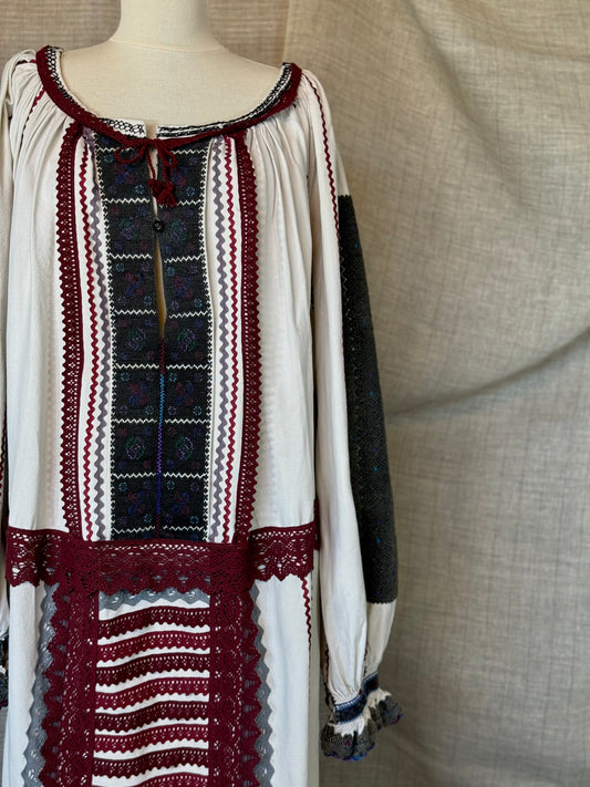 Romanian-Folklore Inspired Midi-Dress with Burgundy Embroidery