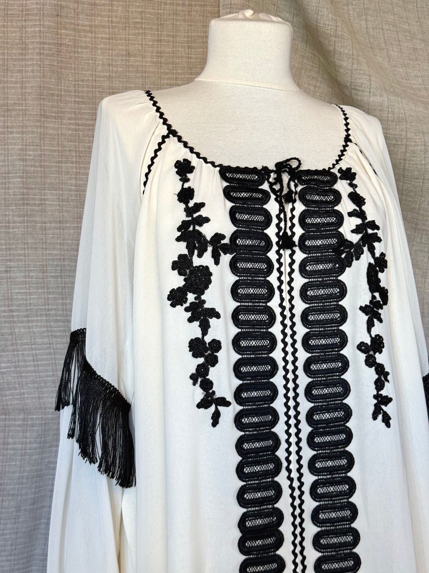 White Romanian Blouse With Black Embroidery and Fringe