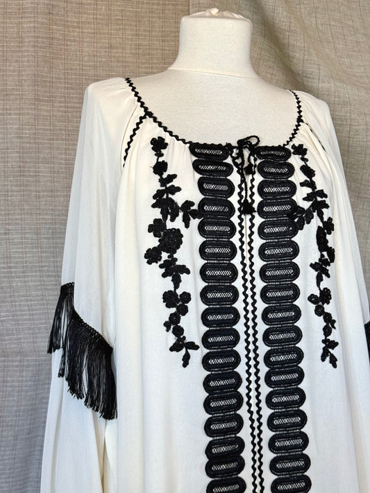 White Romanian Blouse With Black Embroidery and Fringe