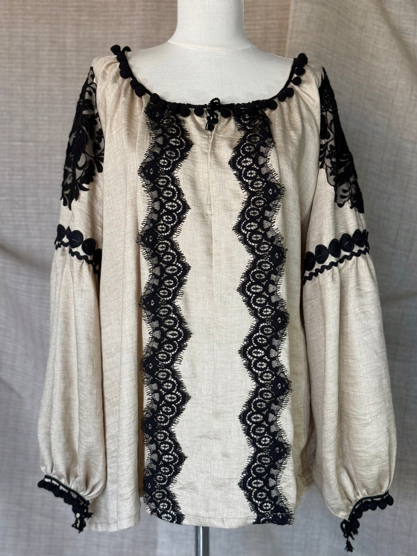 Olive Romanian Blouse with Black Lace and Embroidery