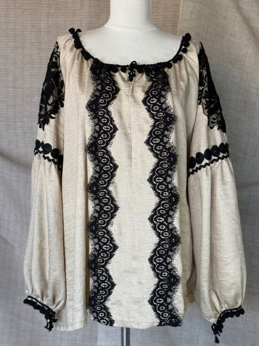 Olive Romanian Blouse with Black Lace and Embroidery