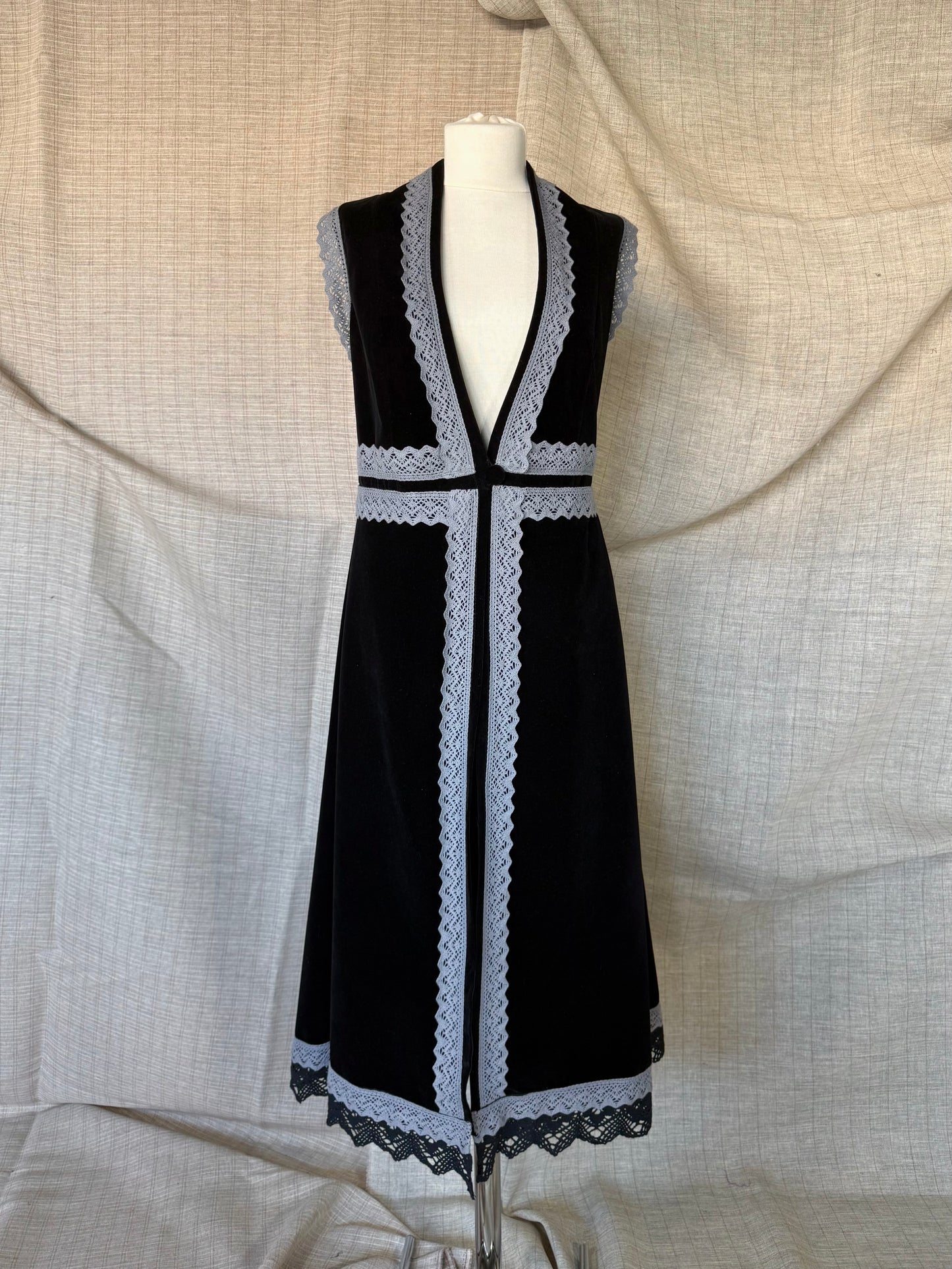 Long Velvet Vest with Grey Lace Trim