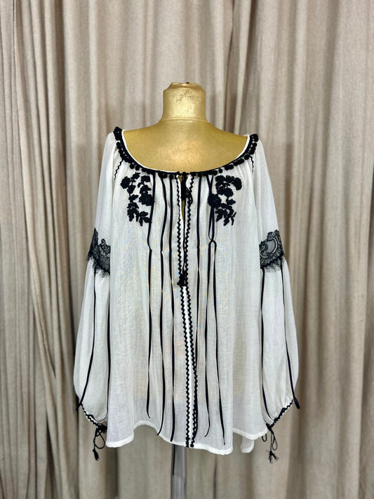 Ivory Romanian Blouse with Black Embroidery