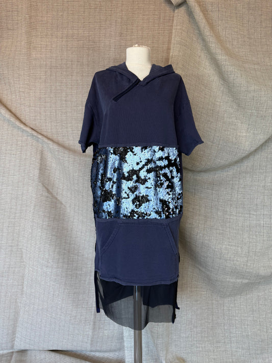 Blue Sequin Hoodie Dress