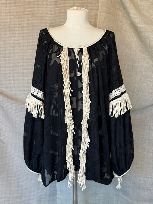 Black Floral Romanian Blouse With Ivory Fringe