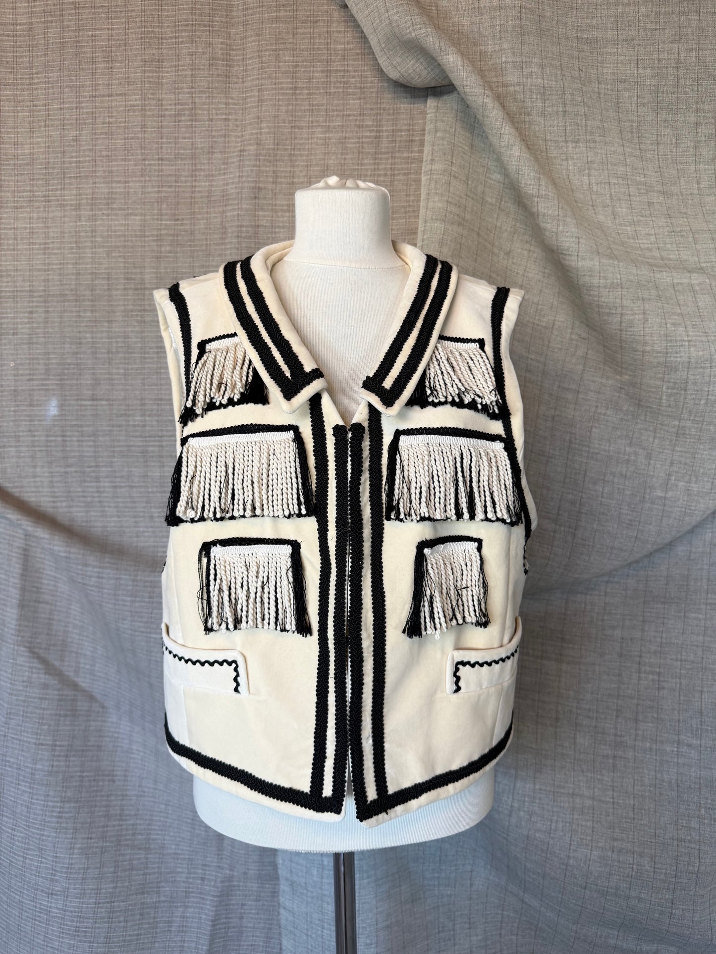 Ivory Velvet Vest with Embroidery and Fringe