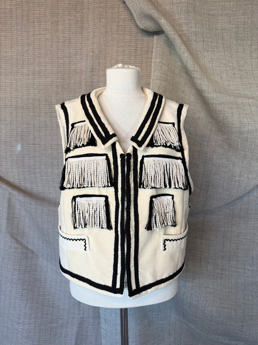 Ivory Velvet Vest with Embroidery and Fringe