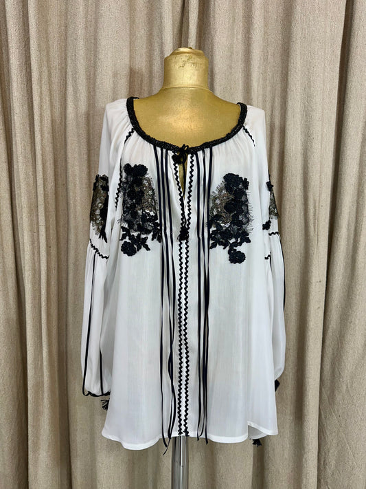 White Romanian Blouse with Black Details