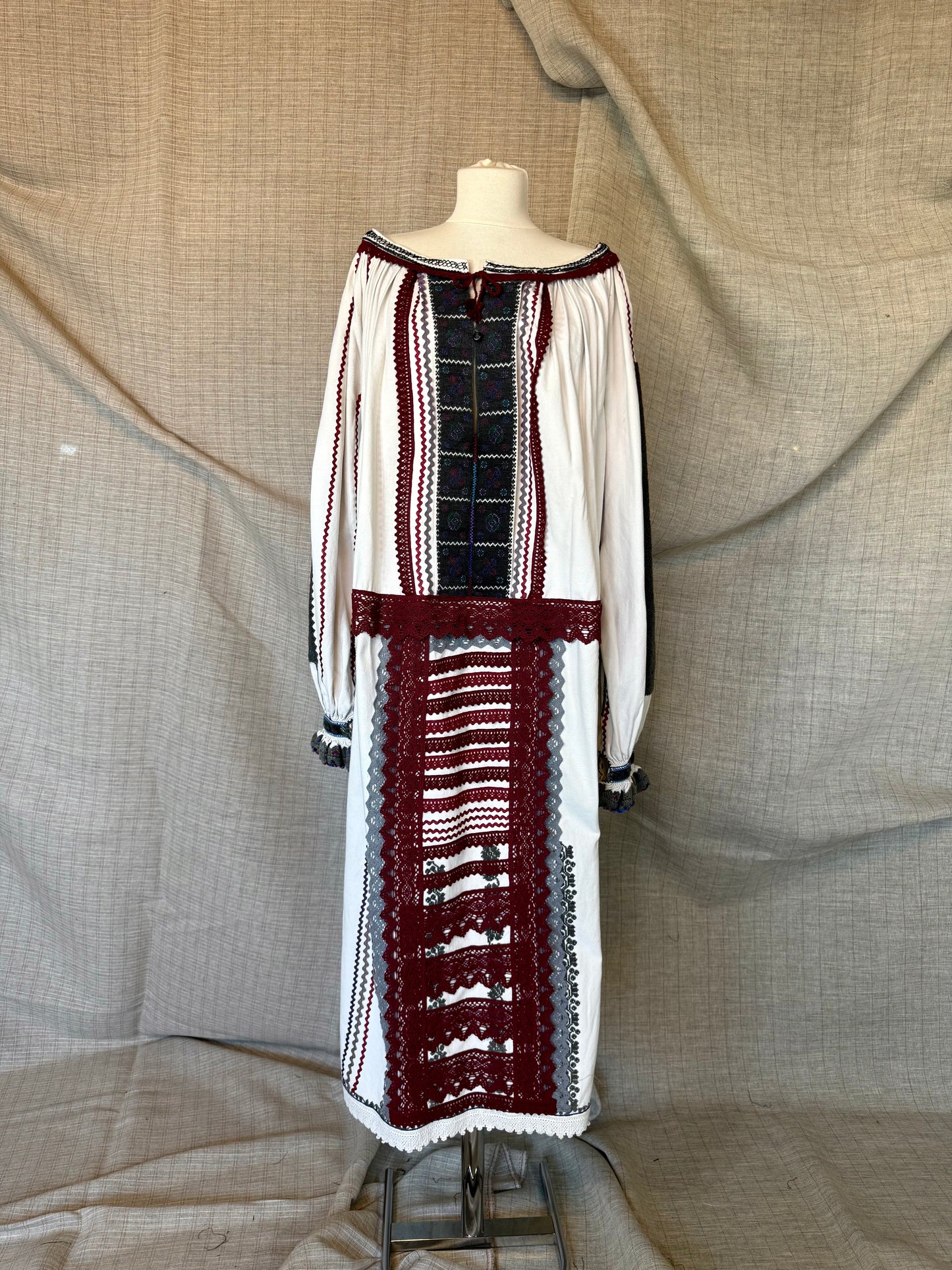 Romanian-Folklore Inspired Midi-Dress with Burgundy Embroidery