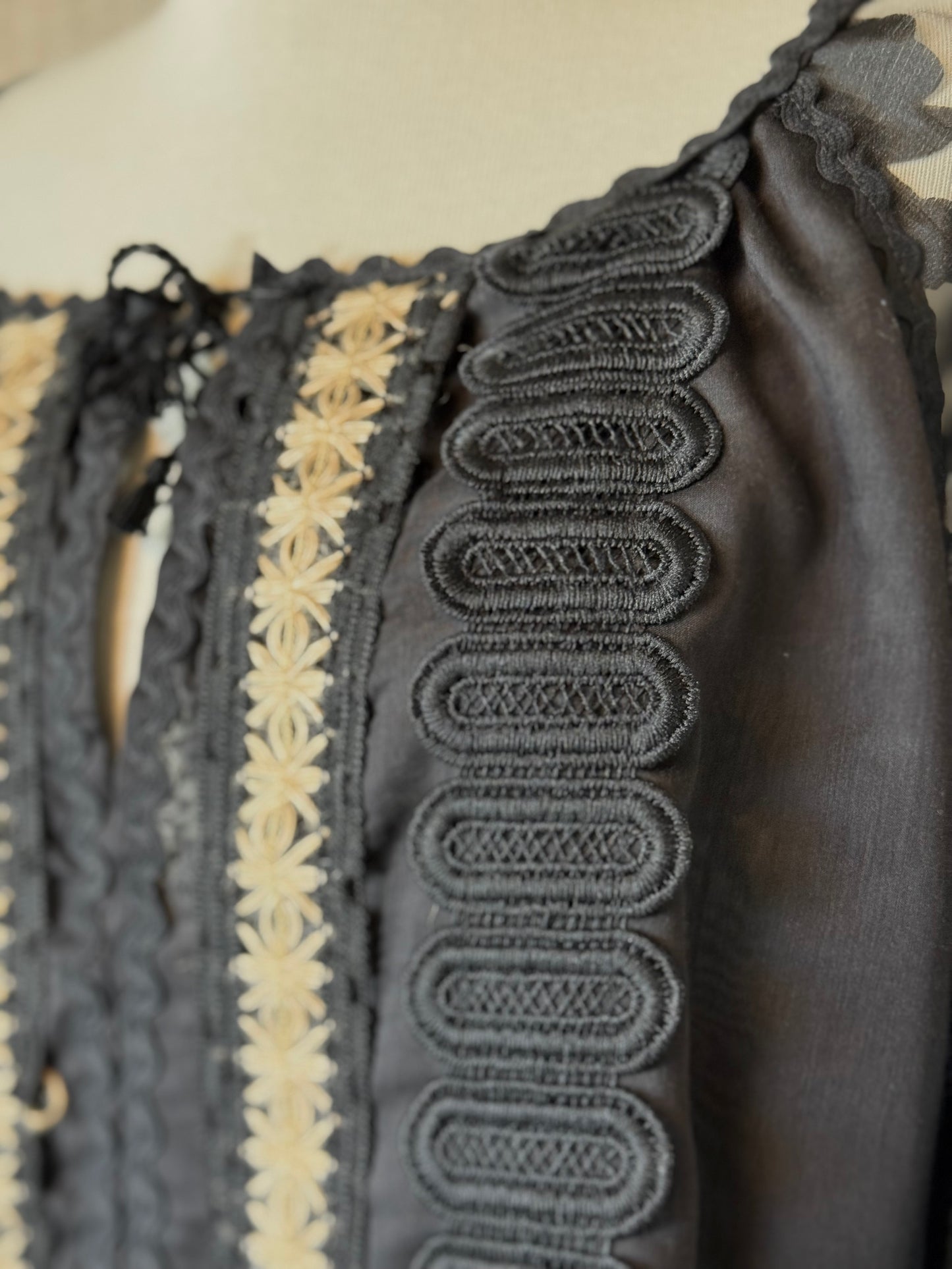 Black Romanian Blouse with Fringe Details