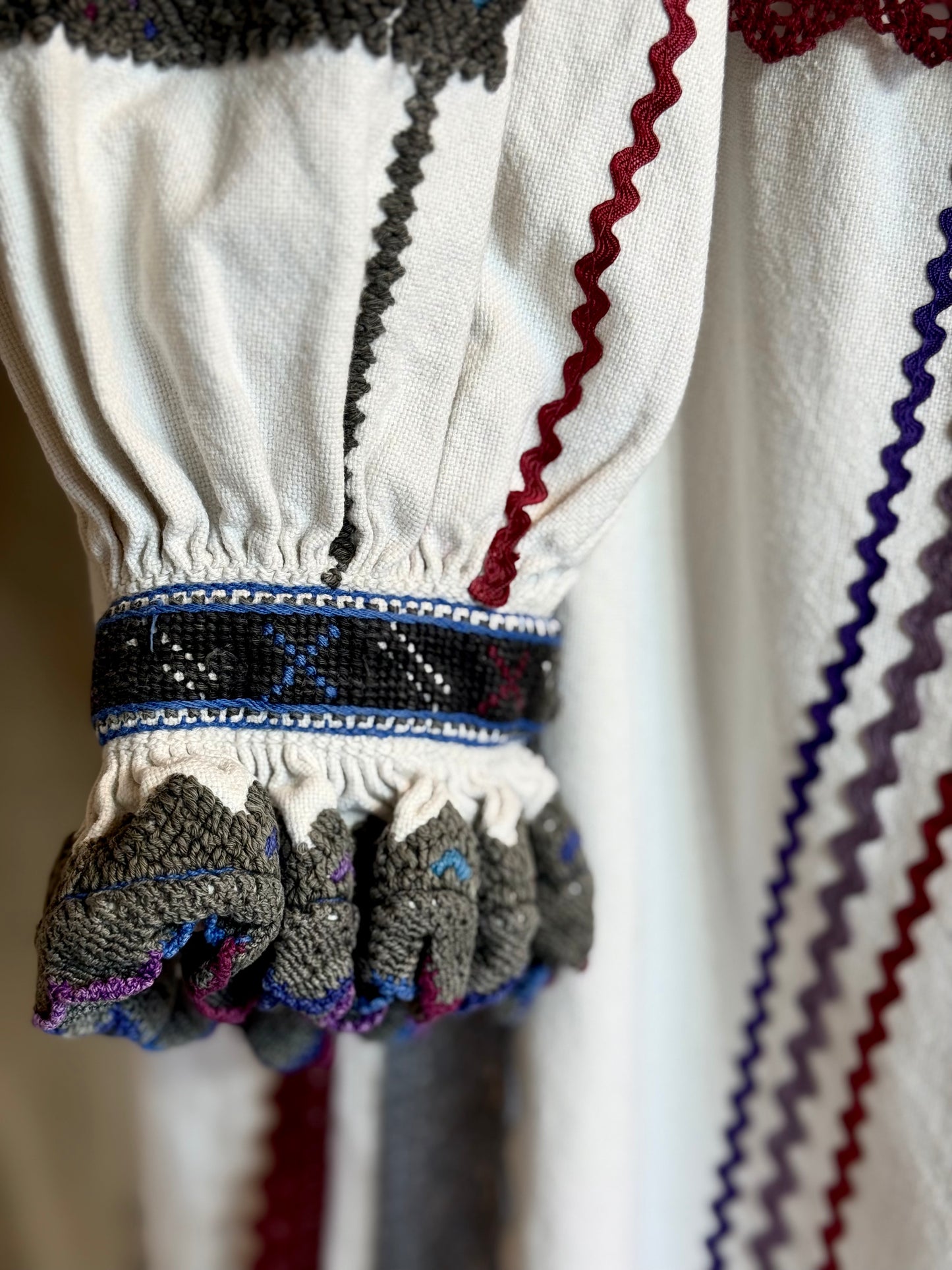 Romanian-Folklore Inspired Midi-Dress with Burgundy Embroidery